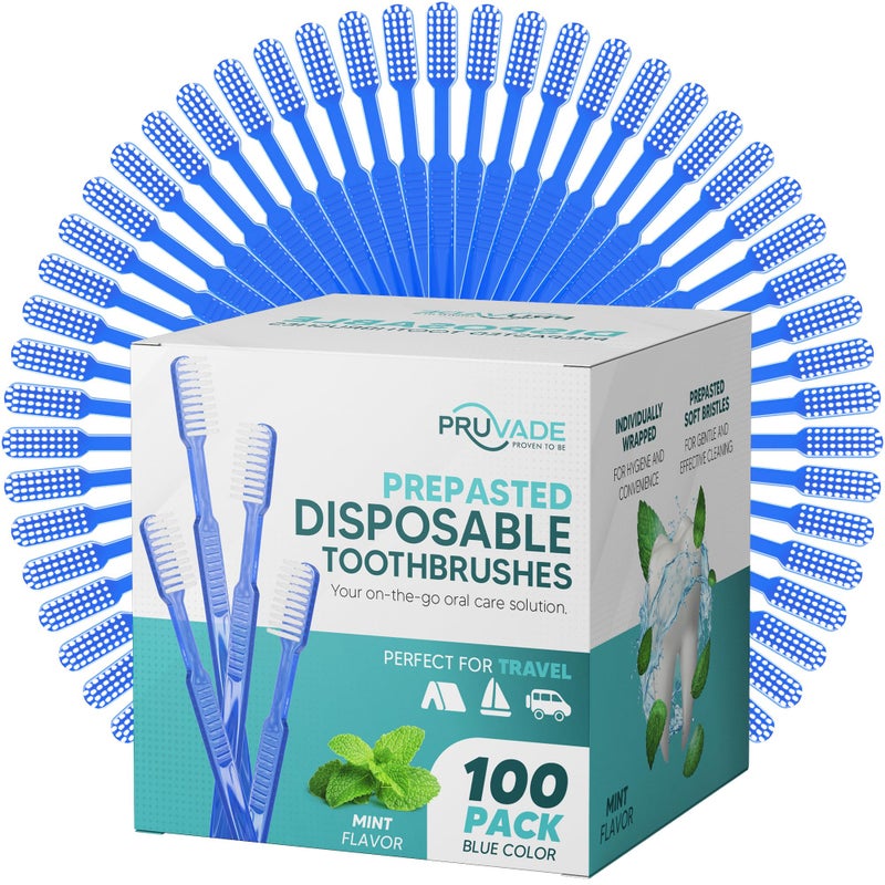 Pruvade 100 Pack Disposable Toothbrushes with Toothpaste Built In Mint Prepasted Toothbrushes Individually Wrapped Blue Single Use Waterless Toothbrush with Soft Bristles for Work Camping Travel